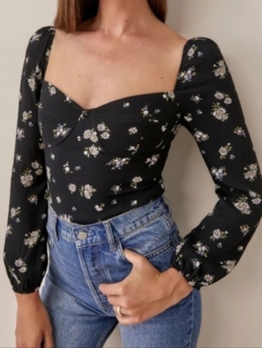 Reformation Reign Black Daisy Floral Top Size US 8